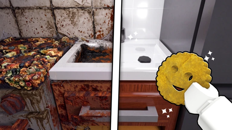 Official before-and-after artwork of a dirty and cleaned bathroom in Flip a House