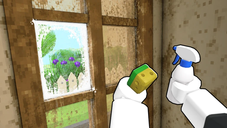 Official Flip a House artwork showing a sponge and spray bottle cleaning a window